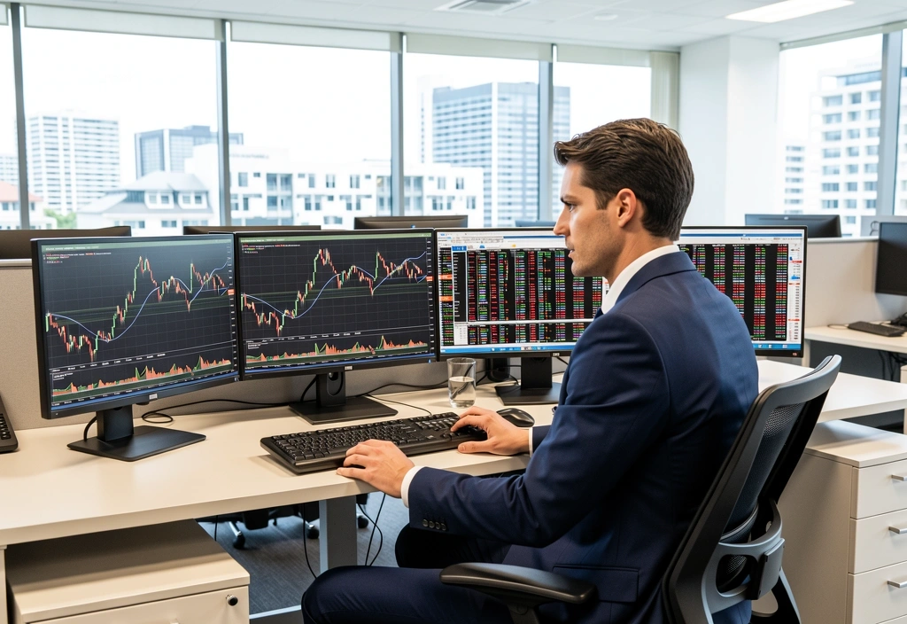 Financial analyst reviewing market data at 200 Queen Street office